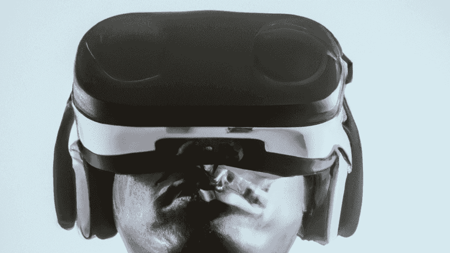 An image of a person wearing a virtual reality headset, fully immersed in a digital world.