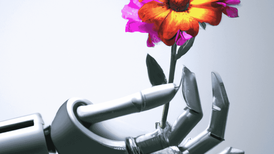 An image of a robotic hand delicately holding a vibrant digital flower, symbolizing the fusion of artificial and natural beauty.