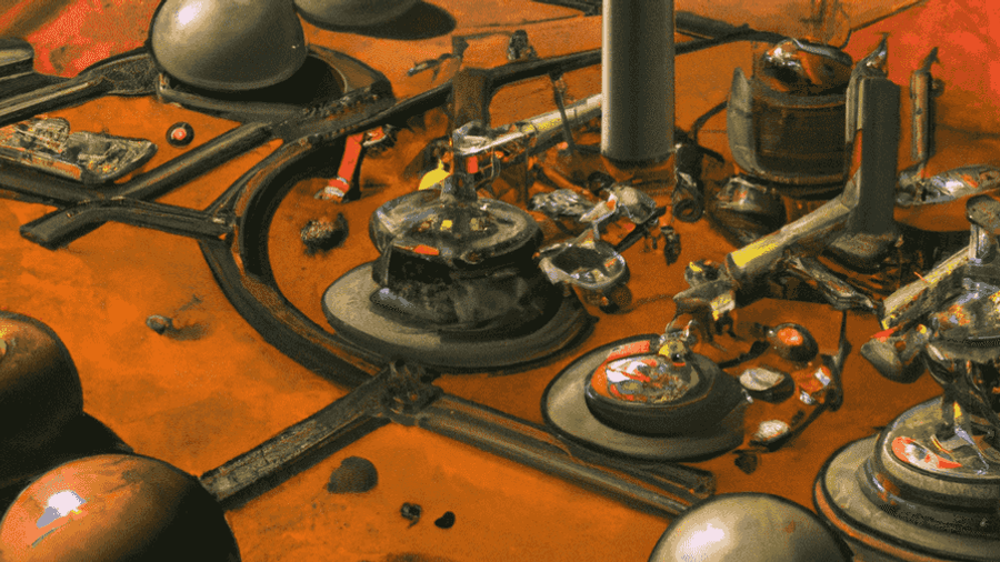 An artist's depiction of a futuristic Mars colony, complete with domed habitats and soaring spacecraft.