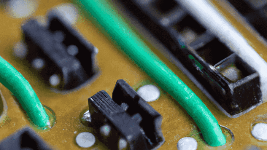 A close up of a circuit board with cables and wires sticking out at different angles.