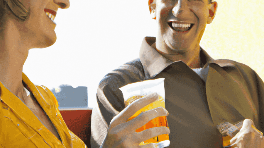 An image of two people in conversation, both holding drinks and smiling.