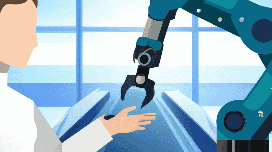 An image of a person working alongside a robot arm in a factory, representing the growing integration of AI in the workplace.