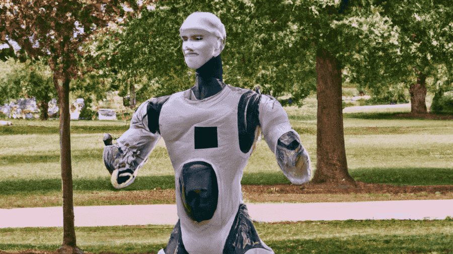 An image of a humanoid robot wearing workout clothes and exercising in a park.