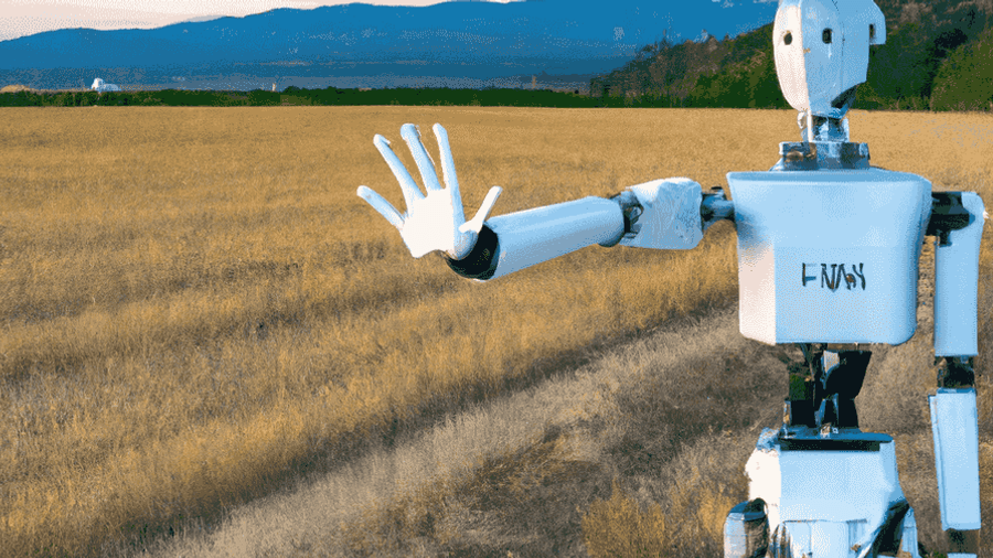 A humanoid robot holds a hand out while standing in an open field.