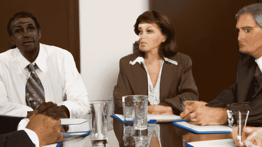 A group of international businesspeople discussing ideas over a conference table.