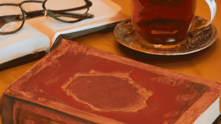 An old, leather-bound book sitting on a wooden table next to a pair of glasses and mug of tea.