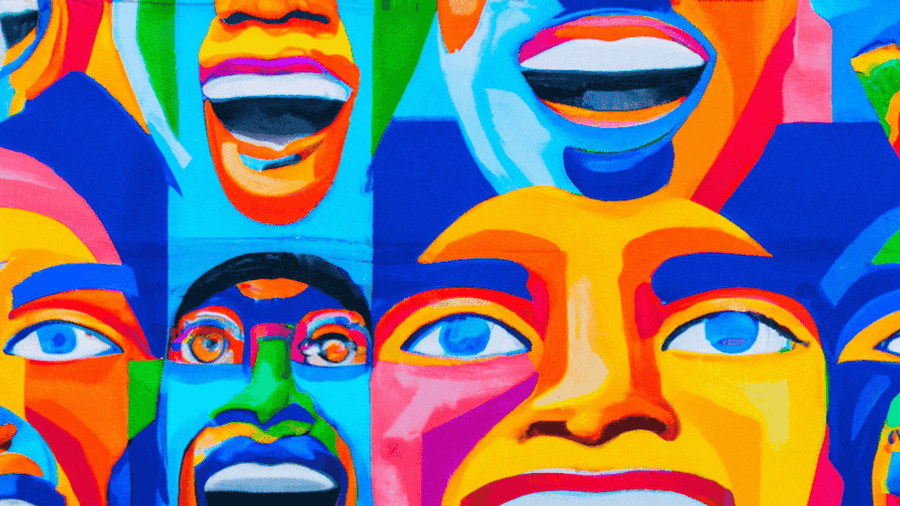 A bright and colorful mural painted on the side of a building, representing the unique vibrancy of human expression.