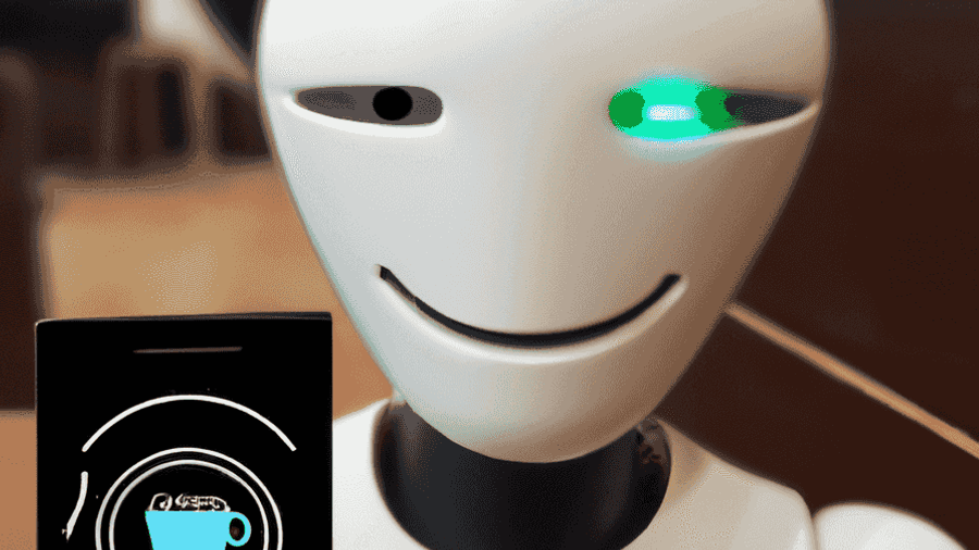 An image of an android with a human-like smile, trying to blend in with people in a coffee shop.