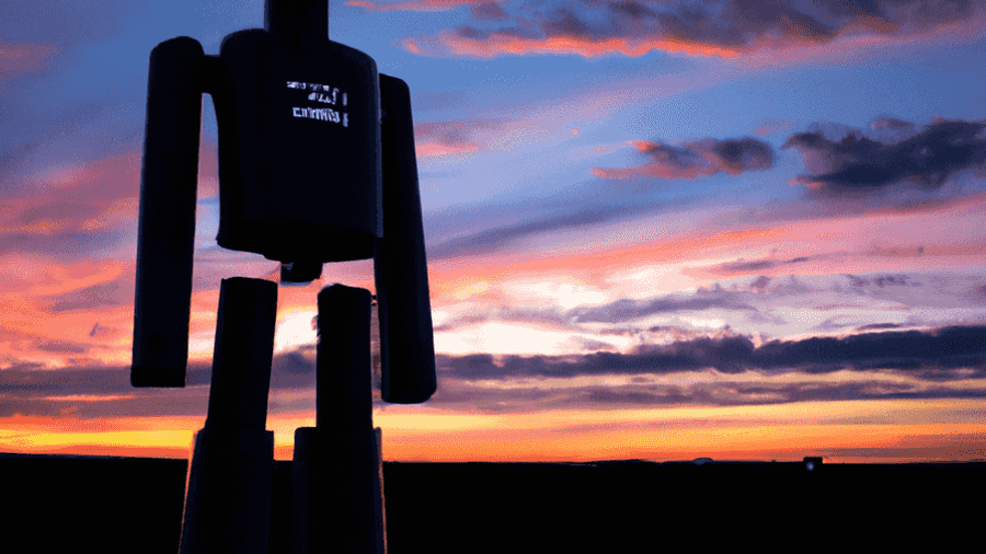 An image of a robot pondering under a vibrant sunset.