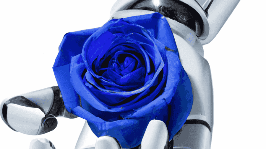 A robotic hand holding a blue rose, symbolizing embracing automation.